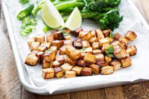 Stir fried tofu in a baking pan photo