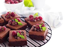 Chocolate mousse brownies with fresh raspberries photo