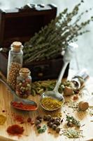 Variety of spices and herb on a wooden board photo