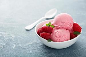 Raspberry ice cream in white bowl photo