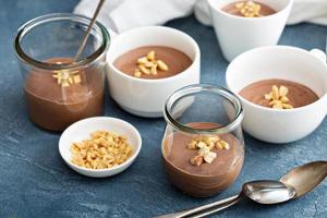 Chocolate yogurt dessert with salted peanuts photo