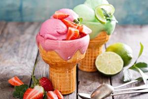 Variety of ice cream in bowls photo