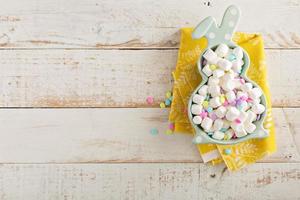 Easter background with marshmallows in bunny plate photo