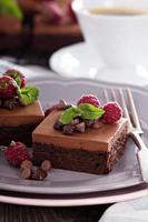 Chocolate mousse brownies with raspberry photo