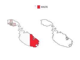 Malta map city vector divided by outline simplicity style. Have 2 versions, black thin line version and color of country flag version. Both map were on the white background.