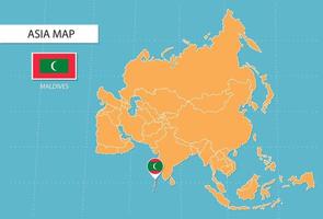 Maldives map in Asia, icons showing Maldives location and flags. vector