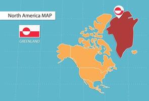 Greenland map in America, icons showing Greenland location and flags. vector