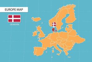 mapa de dinamarca en europa, íconos que muestran la ubicación de dinamarca y banderas. vector