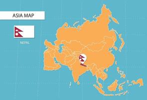 mapa de nepal en asia, íconos que muestran la ubicación de nepal y banderas. vector