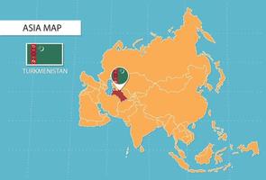 Turkmenistan map in Asia, icons showing Turkmenistan location and flags. vector