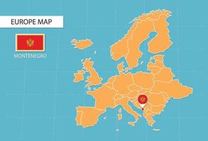 mapa de montenegro en europa, iconos que muestran la ubicación y las banderas de montenegro. vector