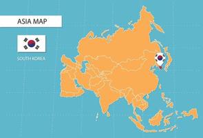 mapa de corea del sur en asia, íconos que muestran la ubicación y banderas de corea del sur. vector