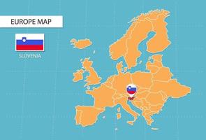 mapa de eslovenia en europa, íconos que muestran la ubicación y banderas de eslovenia. vector