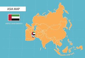 United Arab Emirates map in Asia, icons showing United Arab Emirates location and flags. vector
