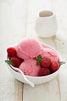 Raspberry ice cream in white bowl photo