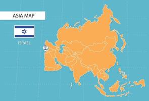 mapa de israel en asia, íconos que muestran la ubicación y las banderas de israel. vector