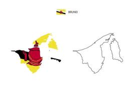 Brunei map city vector divided by outline simplicity style. Have 2 versions, black thin line version and color of country flag version. Both map were on the white background.