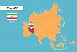 mapa de irán en asia, íconos que muestran la ubicación de irán y banderas. vector