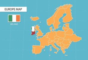 mapa de irlanda en europa, íconos que muestran la ubicación de irlanda y banderas. vector