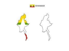 vector de ciudad de mapa de myanmar dividido por estilo de simplicidad de contorno. tiene 2 versiones, versión de línea delgada negra y versión de color de bandera de país. ambos mapas estaban en el fondo blanco.