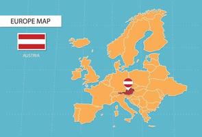 Austria map in Europe, icons showing Austria location and flags. vector