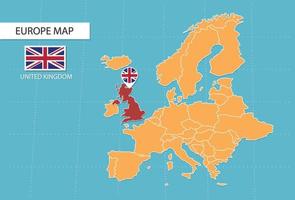 UK map in Europe, icons showing UK location and flags. vector