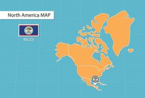 mapa de Belice en América, íconos que muestran la ubicación y las banderas de Belice. vector