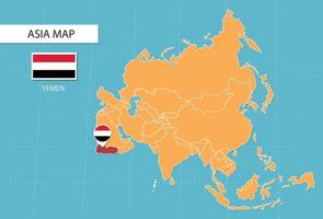 Yemen map in Asia, icons showing Yemen location and flags.