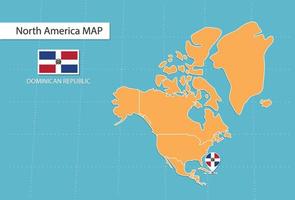 Dominican Republic map in America, icons showing Dominican Republic location and flags. vector