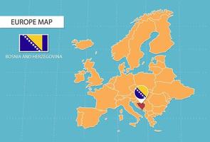 mapa de bosnia y herzegovina en europa, íconos que muestran la ubicación y las banderas de bosnia y herzegovina. vector