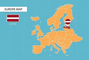 mapa de letonia en europa, iconos que muestran la ubicación de letonia y banderas. vector