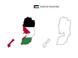 State of Palestine map city vector divided by outline simplicity style. Have 2 versions, black thin line version and color of country flag version. Both map were on the white background.