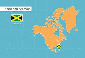 mapa de jamaica en américa, íconos que muestran la ubicación y banderas de jamaica. vector