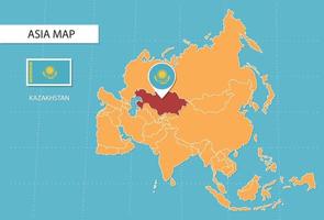 Kazakhstan map in Asia, icons showing Kazakhstan location and flags. vector