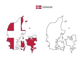 vector de ciudad de mapa de dinamarca dividido por estilo de simplicidad de contorno. tiene 2 versiones, versión de línea delgada negra y versión de color de bandera de país. ambos mapas estaban en el fondo blanco.