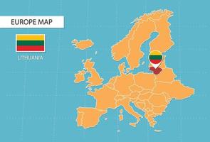 Lithuania map in Europe, icons showing Lithuania location and flags. vector