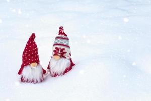 Christmas holiday card Cute scandinavian gnomes with red hat and white beard on snowy winter forest Fairytale snowfall Wintertime Hello December, January, February concept Happy New Year, Christmas photo