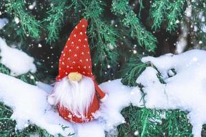 Christmas holiday card Cute scandinavian gnomes with red hat and white beard on snowy winter bench Fairytale snowfall Wintertime Hello December, January, February concept Happy New Year, Christmas photo