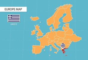 mapa de grecia en europa, íconos que muestran la ubicación de grecia y banderas. vector