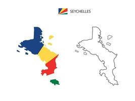 Seychelles map city vector divided by outline simplicity style. Have 2 versions, black thin line version and color of country flag version. Both map were on the white background.