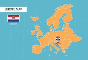 mapa de croacia en europa, íconos que muestran la ubicación y banderas de croacia. vector