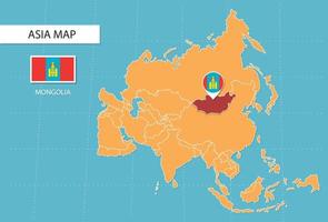 mapa de mongolia en asia, iconos que muestran la ubicación y las banderas de mongolia. vector