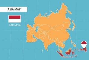 mapa de indonesia en asia, íconos que muestran la ubicación y banderas de indonesia. vector