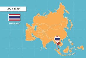 Thailand map in Asia, icons showing Thailand location and flags.