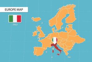 mapa de italia en europa, íconos que muestran la ubicación de italia y banderas. vector