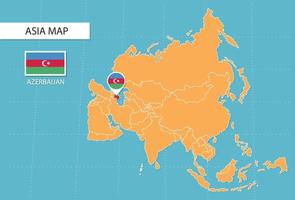 Azerbaijan map in Asia, icons showing Azerbaijan location and flags. vector
