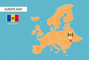 Moldova map in Europe, icons showing Moldova location and flags. vector