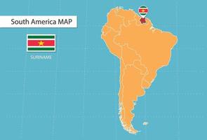 mapa de surinam en américa, íconos que muestran la ubicación y banderas de surinam. vector