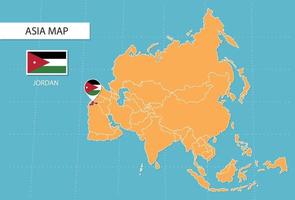 mapa de jordania en asia, íconos que muestran la ubicación de jordania y banderas. vector