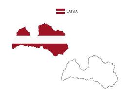 Latvia map city vector divided by outline simplicity style. Have 2 versions, black thin line version and color of country flag version. Both map were on the white background.